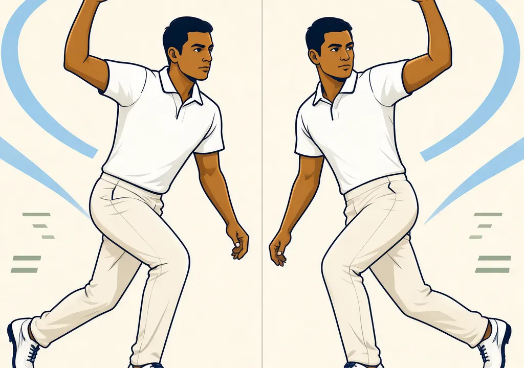 Illustration of a bowler split down the middle showing left-arm spin and right-arm off-spin actions, representing the historic dual-arm wicket feat