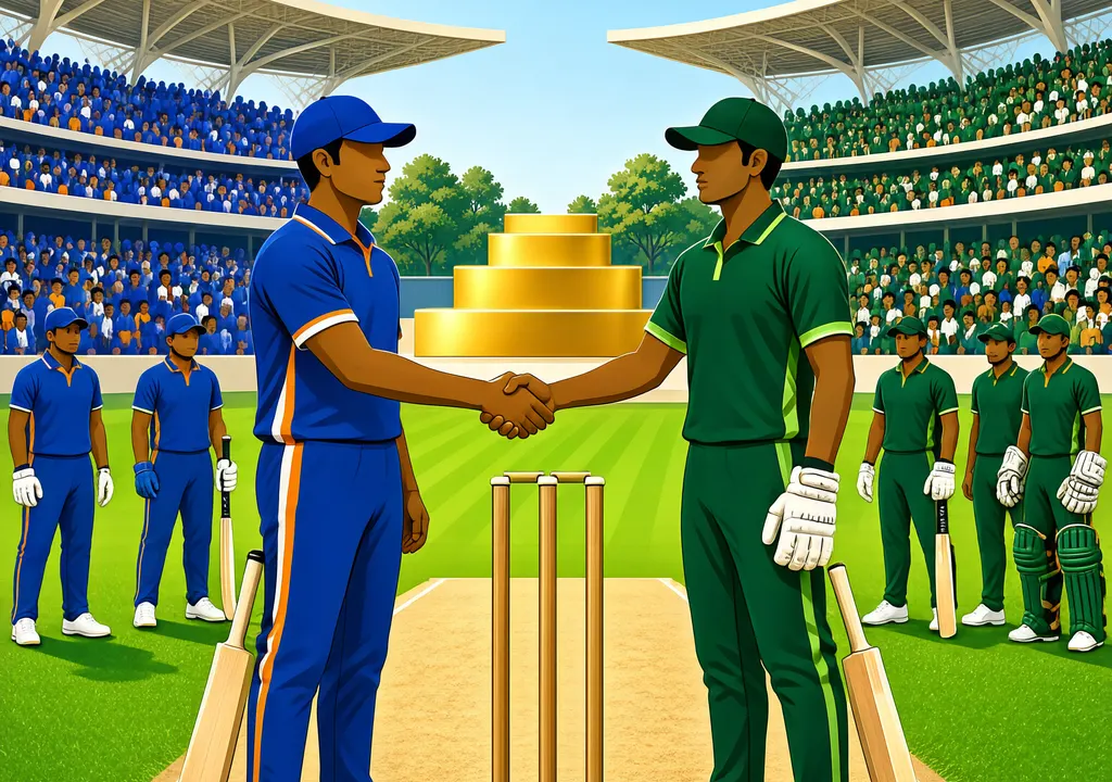 Illustration of India vs Pakistan Asian Games 2026 cricket final at Korogi Sports Park with gold medal stakes