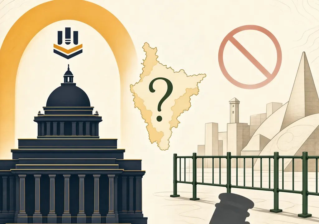 Illustration showing the Election Commission defended by a shield, Jantar Mantar barricade with gavel shadow, and J&K outline with question mark — representing Athawale's three messages: CEC stays, protesters face jail, statehood promise undated.