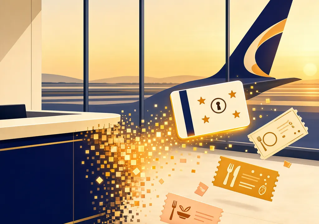 Illustration of a cancelled flight turning into an upgraded stay with hotel, vouchers and premium rebooking