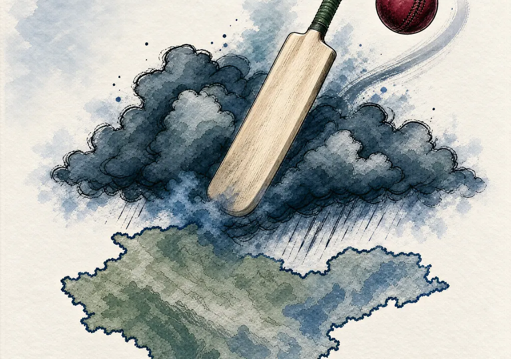 Cricket bat and ball rising from storm over J&K map, ink-watercolor style