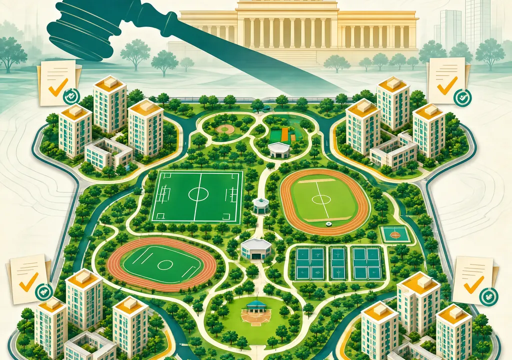 Map-style illustration of Noida Sports City layout with sports zones, four certified project clusters, and Supreme Court gavel silhouette