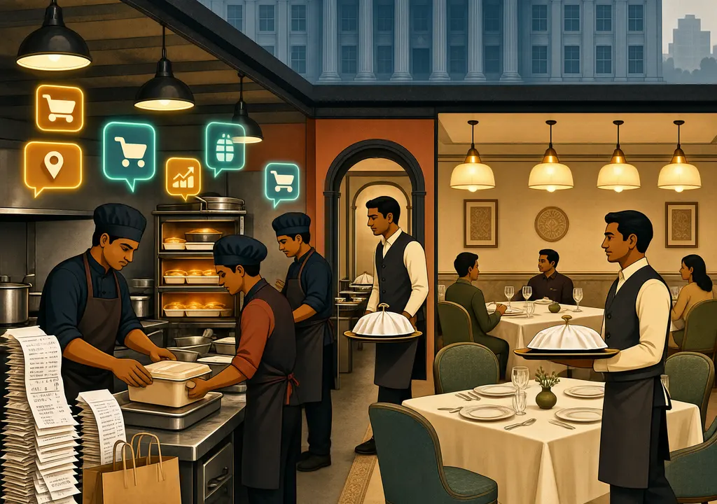 Stylized split view of restaurant delivery operations and dine-in dining under tax authority scrutiny