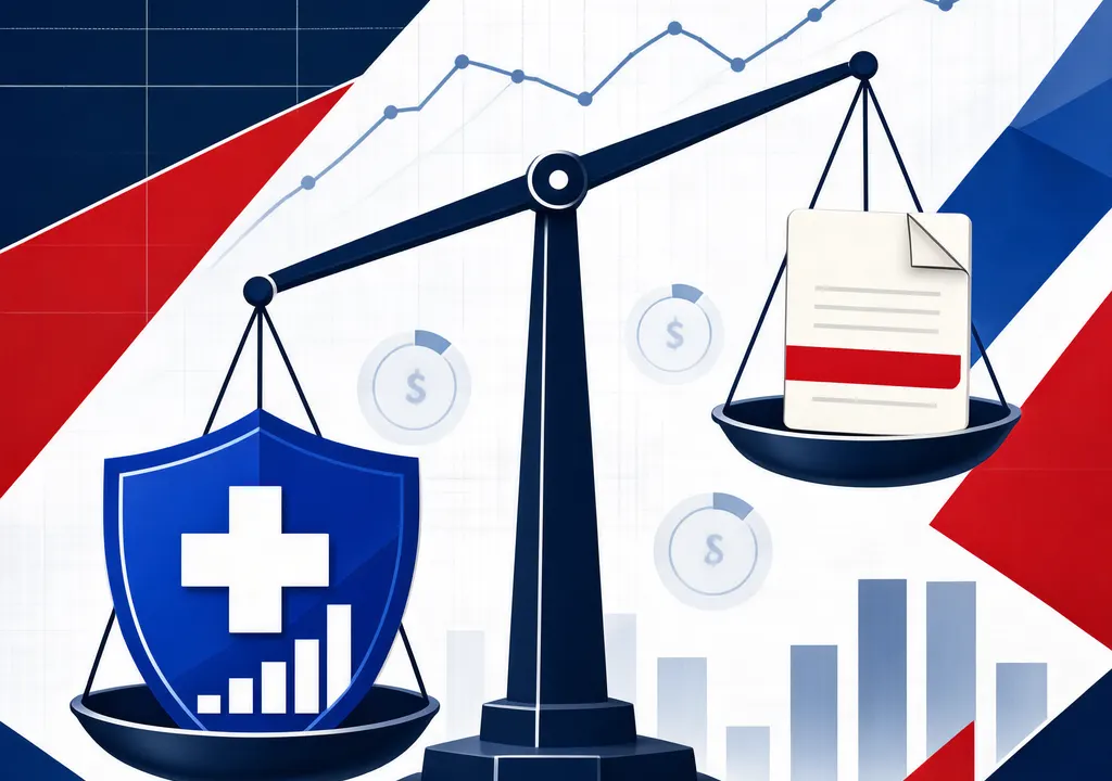 Stylized balance scale showing health funding prioritized over tax cuts, with abstract debt trajectory lines in New Zealand flag colors.