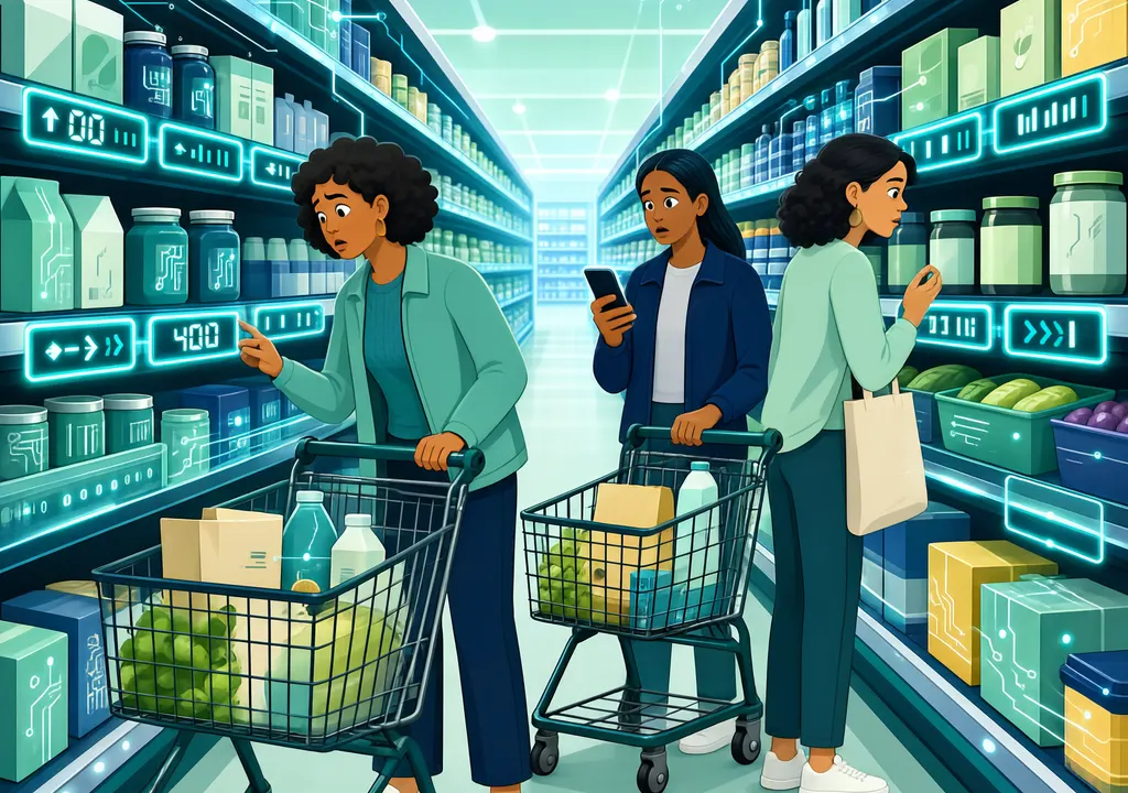 Digital price tags on grocery shelves changing dynamically with subtle AI patterns, representing AI-driven personalized pricing