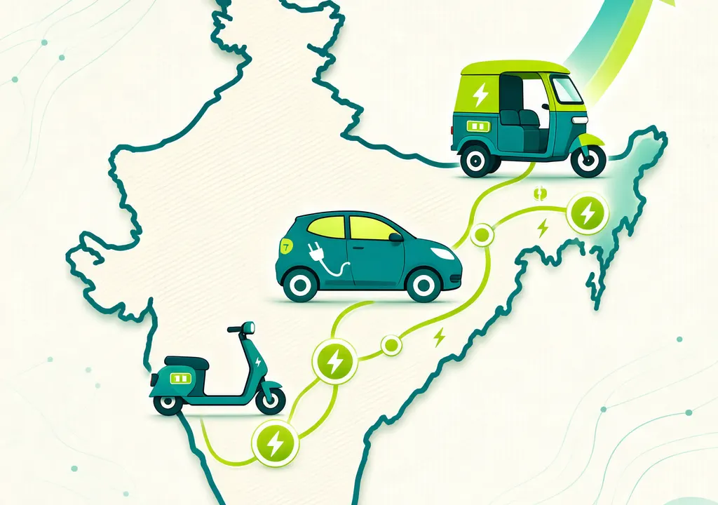 India EV registrations surge upward with electric two-wheelers, cars, and three-wheelers in a stylized chart illustration