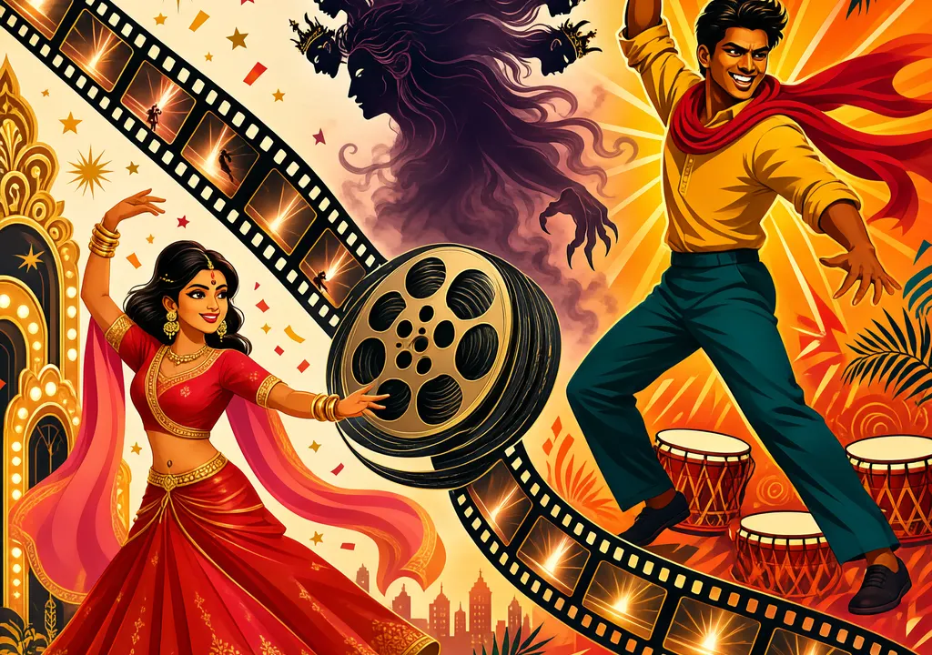 Illustration of a film reel connecting Hindi and Telugu cinema icons with a mythological Shurpanakha silhouette in the background