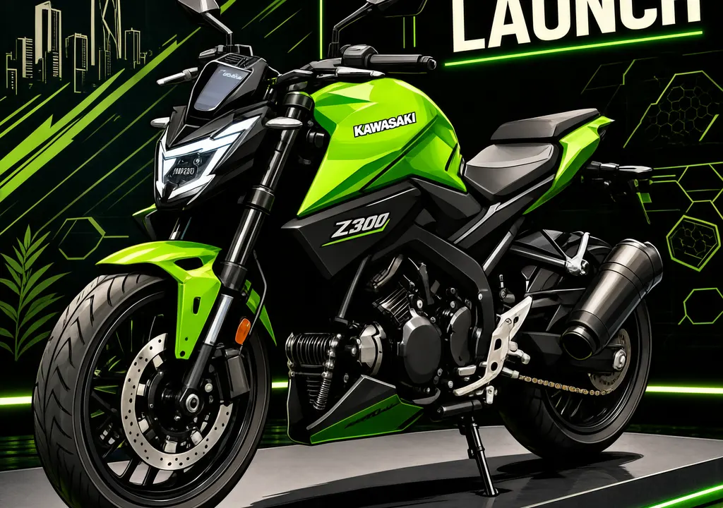 A Kawasaki motorcycle displayed at an auto show with a clean studio backdrop, showing its 296cc parallel-twin engine and sporty styling.