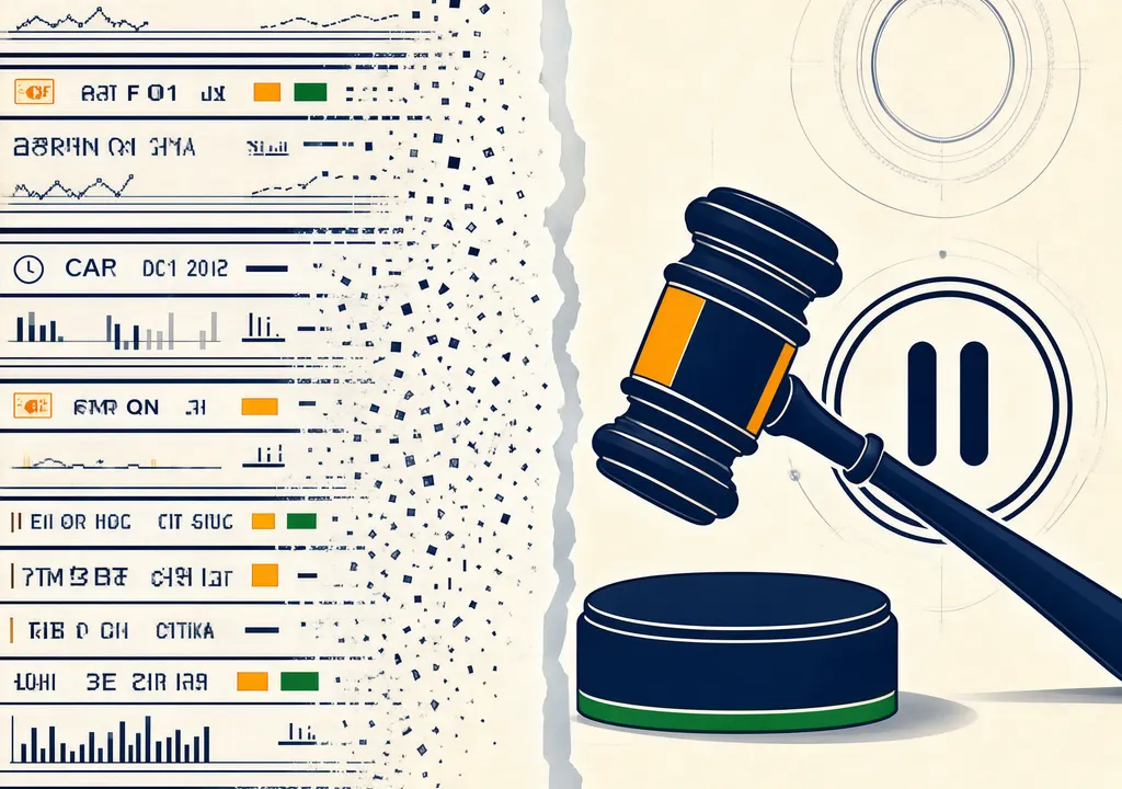 Split illustration of NSE derivatives ticker fading and a paused gavel representing the NCLAT stay on insolvency proceedings