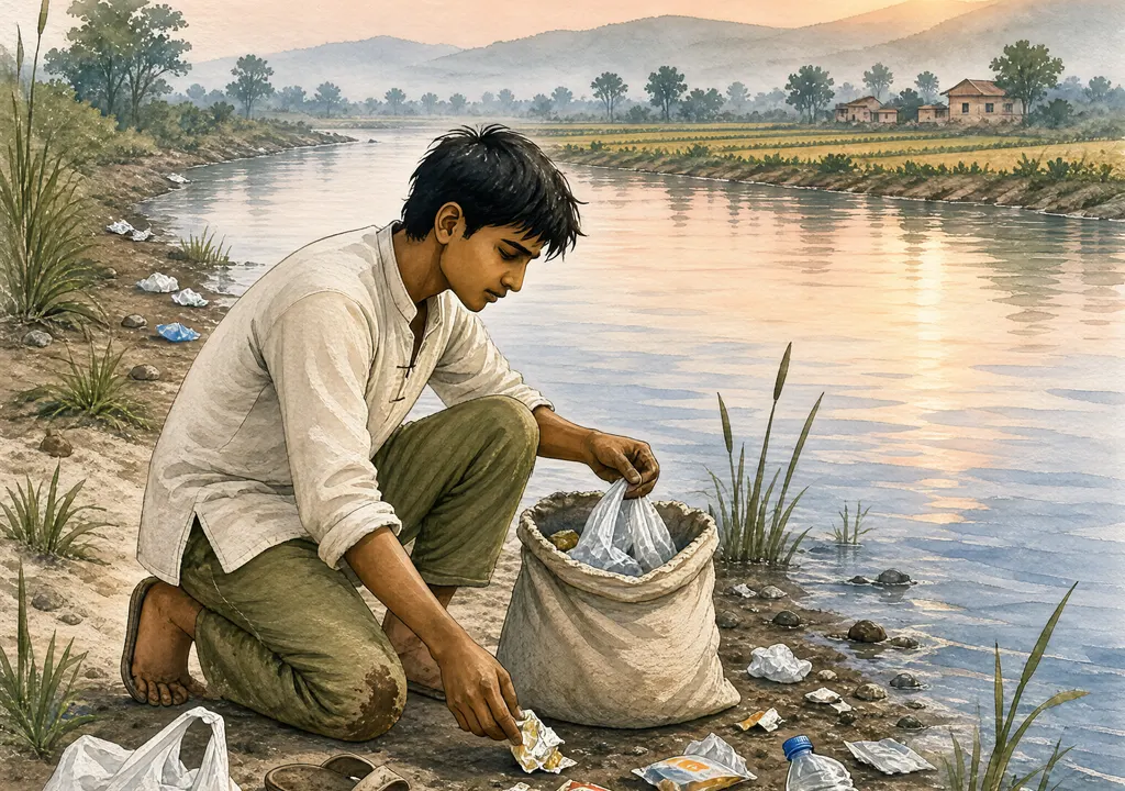 Bittu Tabahi cleaning plastic waste from Ajnar River banks at dawn
