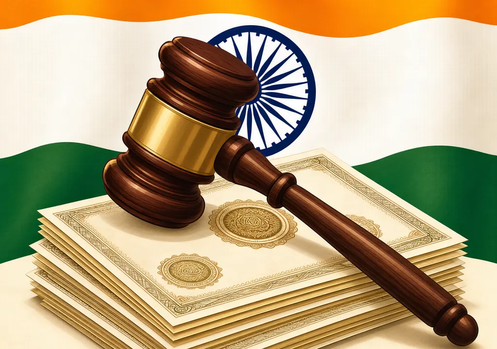 Supreme Court gavel strikes down a bond certificate; Indian flag in background