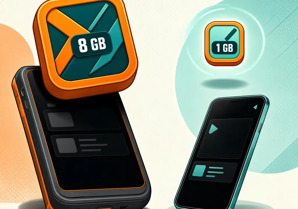 Split illustration comparing heavy standard BGMI install (8 GB) with lightweight BGMI Air (1 GB) on budget smartphones