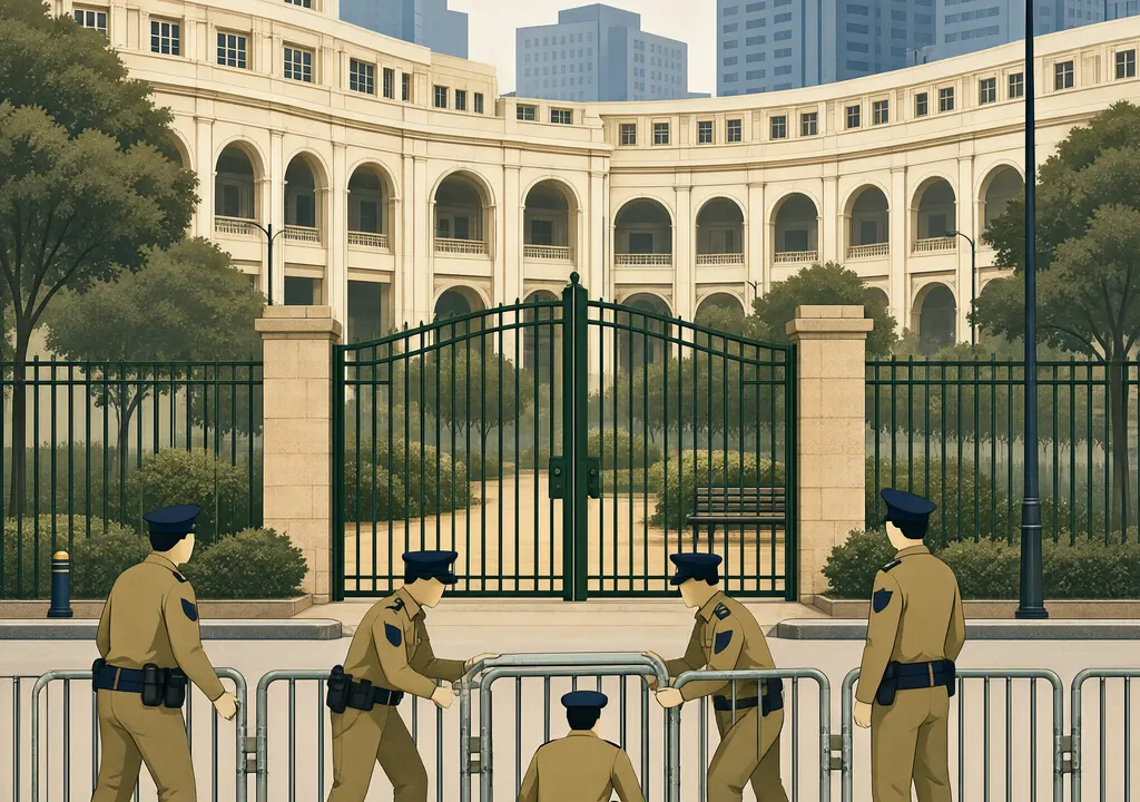 Delhi police erect barricades around a sealed public park in Connaught Place, with protest banners visible in the distance.