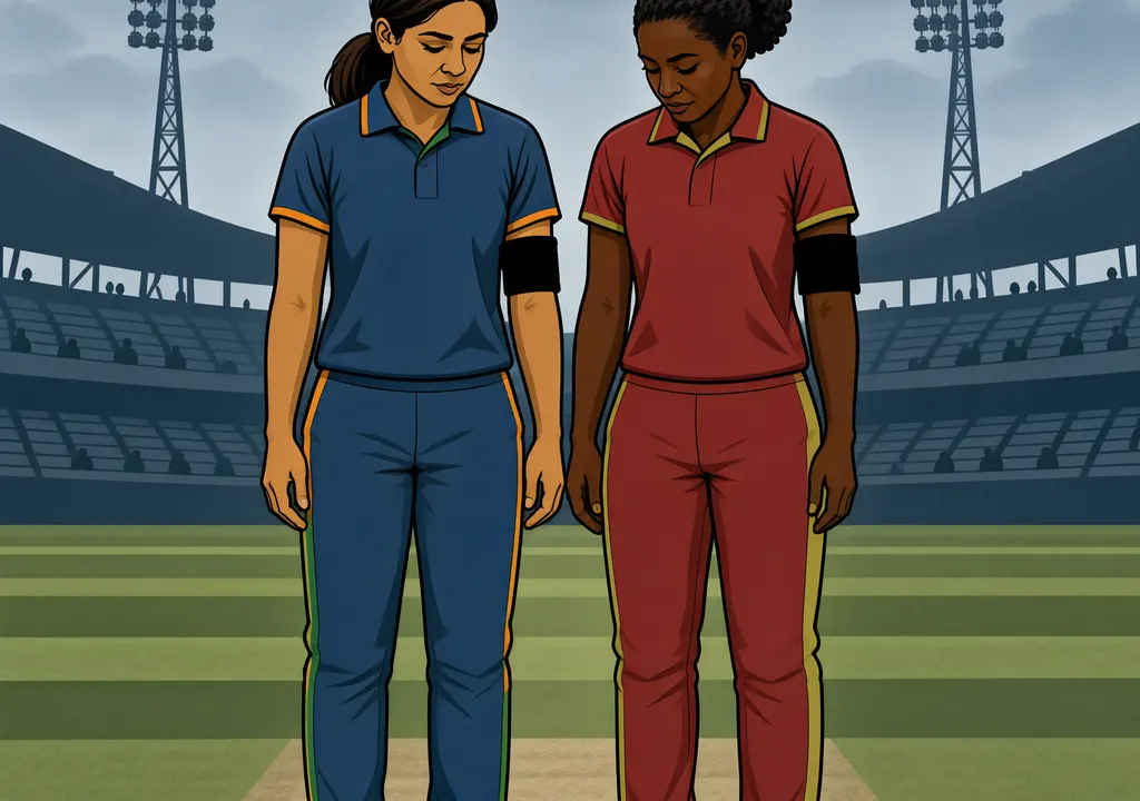 Editorial illustration showing two women cricketers in India and Zimbabwe kit wearing black armbands on a cricket field as a tribute