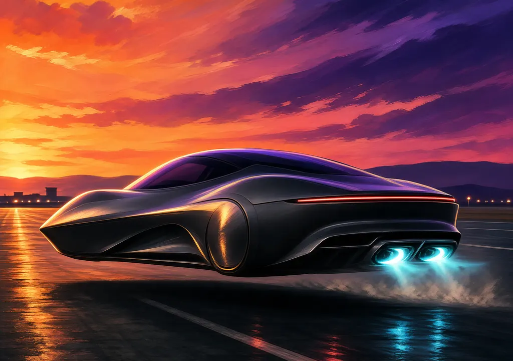 Illustration of a Tesla Roadster hovering above a runway with glowing thruster flares; stylized, editorial.
