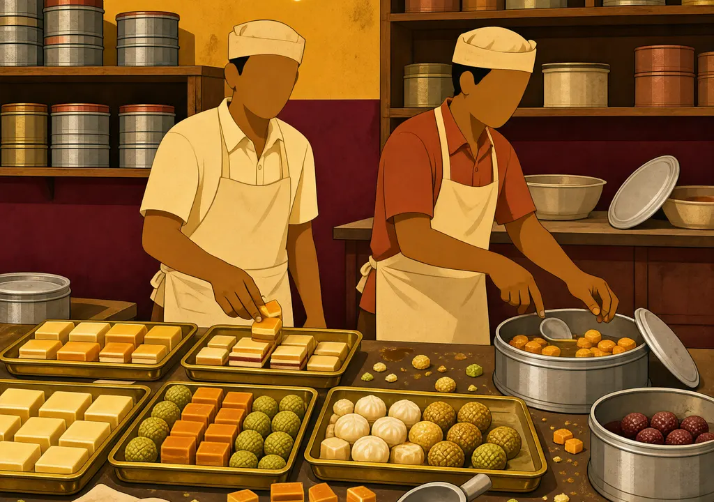 Illustration of a sweets shop showing workers and hygiene lapses, simplified vector style, no people likeness.
