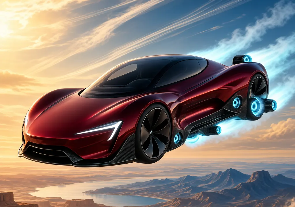 Tesla Roadster flying with SpaceX thrusters, futuristic design.