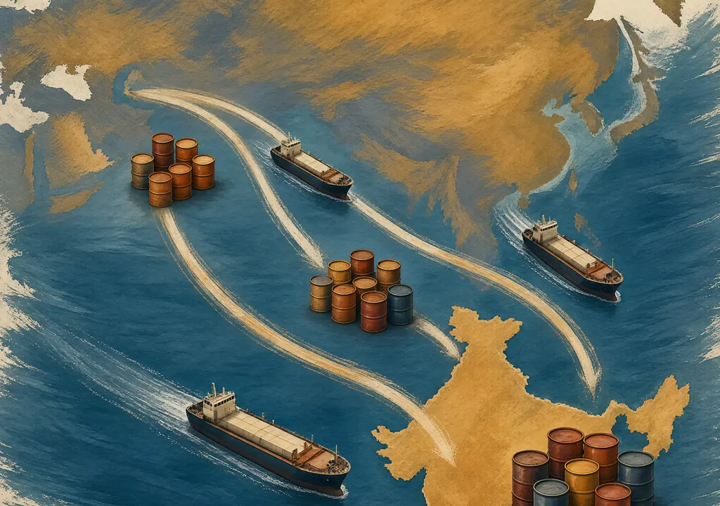 Stylized map of India and Russia with tanker routes, oil tankers and stacked barrels.