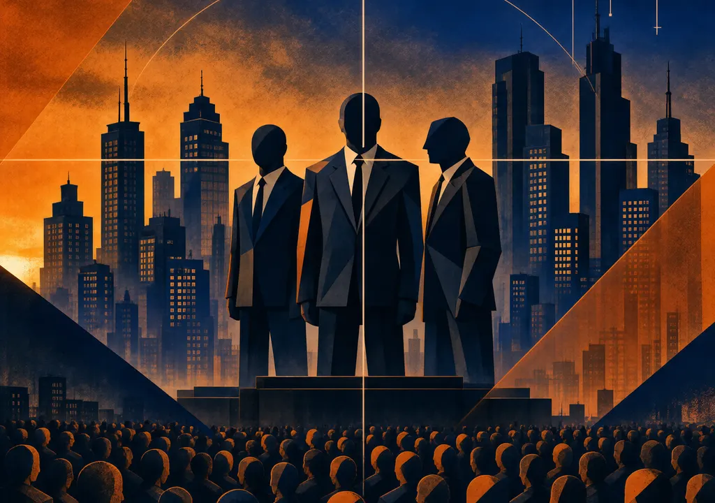 Editorial illustration of political pressure with city skyline and targeting motif