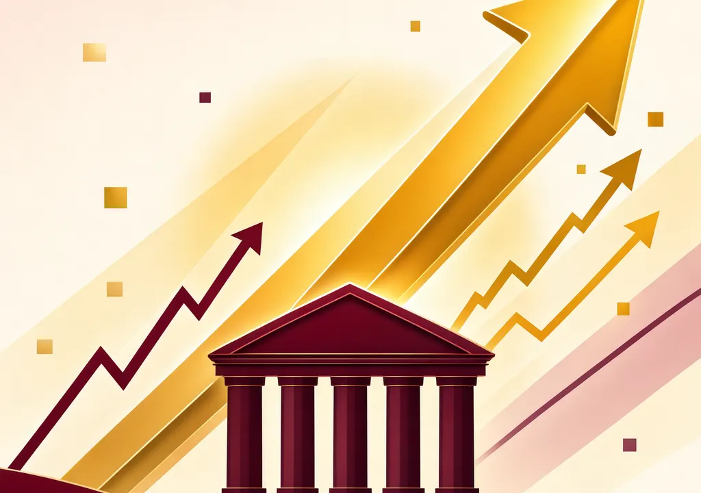 Editorial illustration showing upward-trending arrows and abstract financial motifs representing broker target upgrades after ICICI Bank's strong Q2 earnings report.