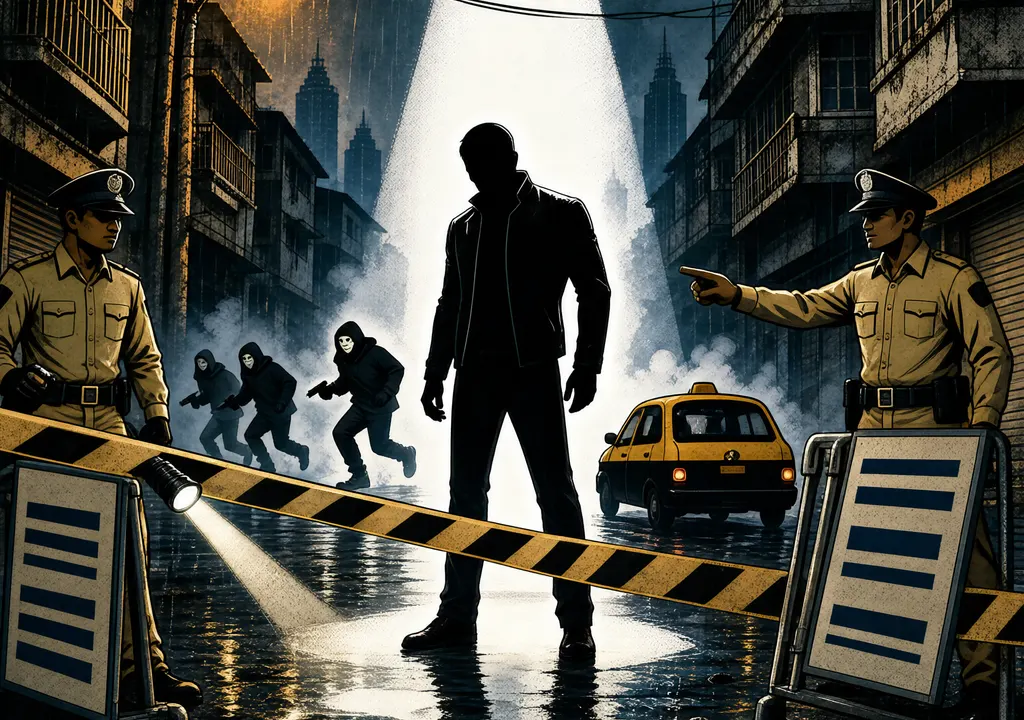 Illustration of Mumbai Crime Branch investigating the Tiger Shroff shooting, showing three masked gunmen fleeing and a police cordon.