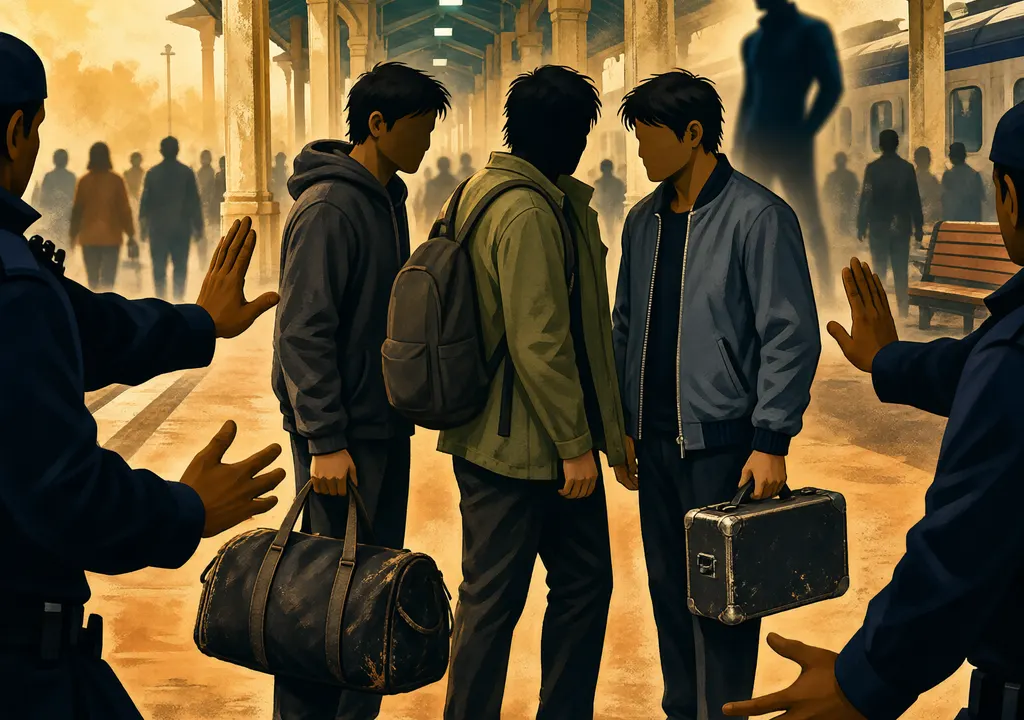 Editorial illustration: three suspects being intercepted at a train station, blurred celebrity silhouette in background, non-photorealistic.