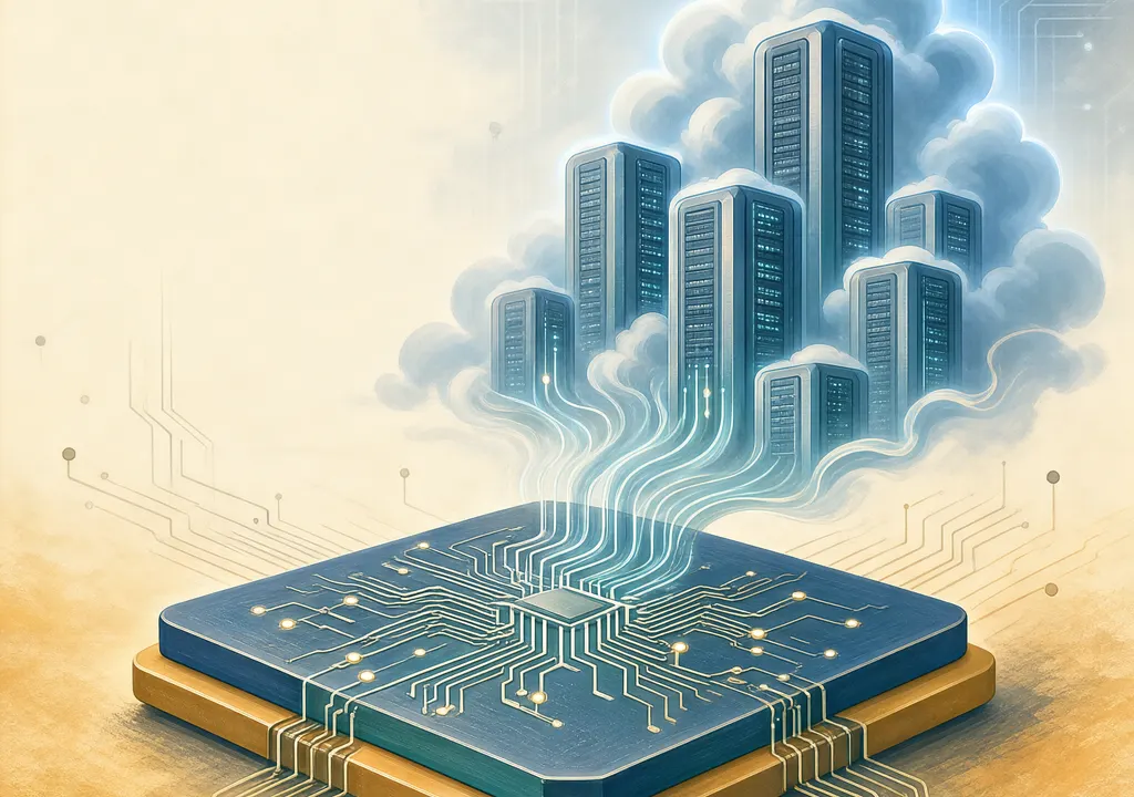 Abstract illustration of a semiconductor chip transitioning into AI data center towers, symbolizing Qualcomm's shift to AI-focused chip sales.