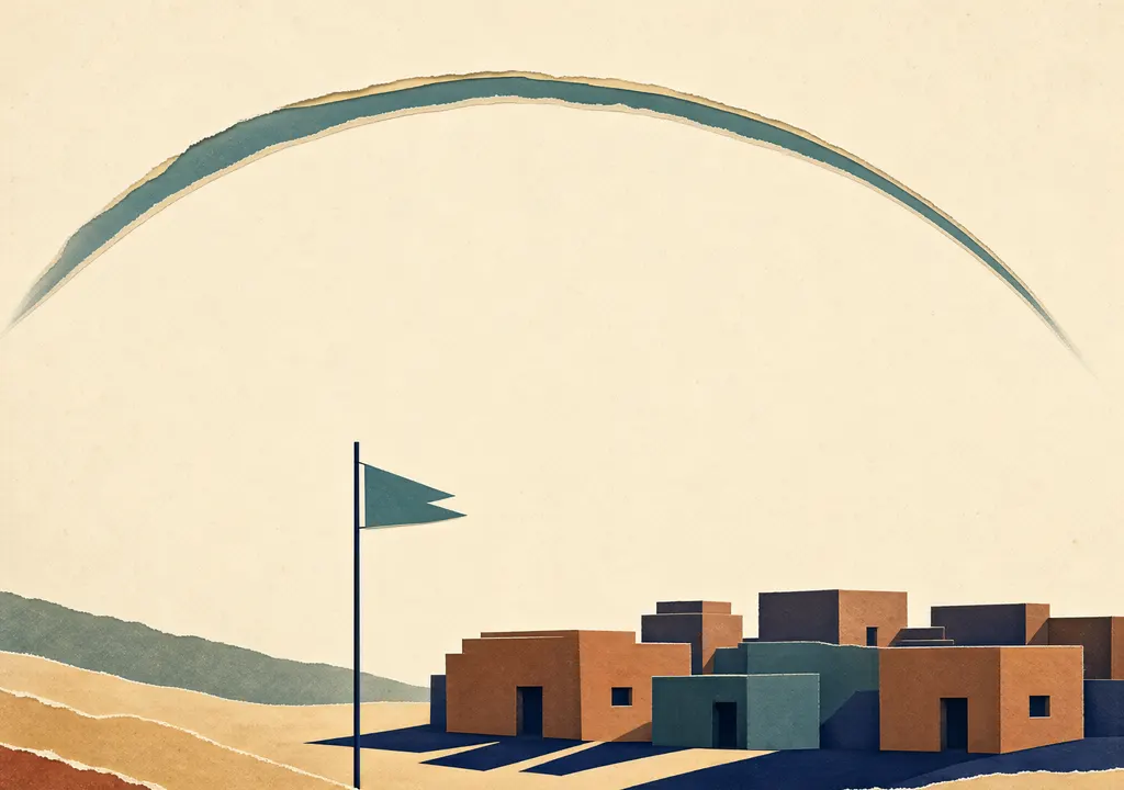 Editorial illustration of a missile trail over a stylized Yemeni desert training camp.