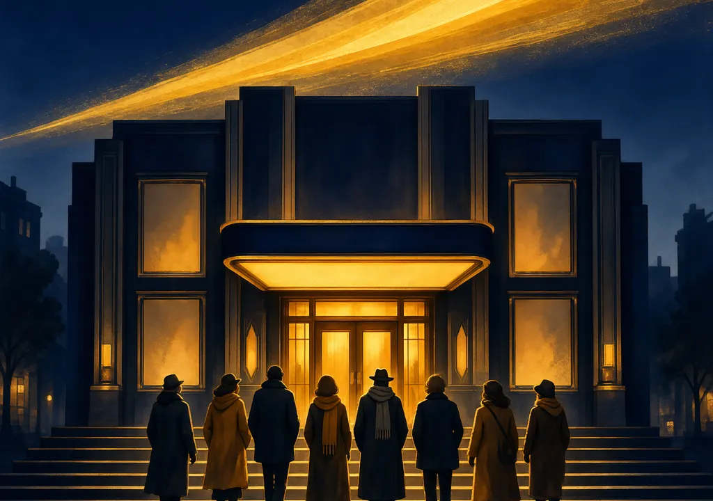 Cinematic editorial illustration of an illuminated cinema marquee drawing a queue under a warm golden sunset sky.