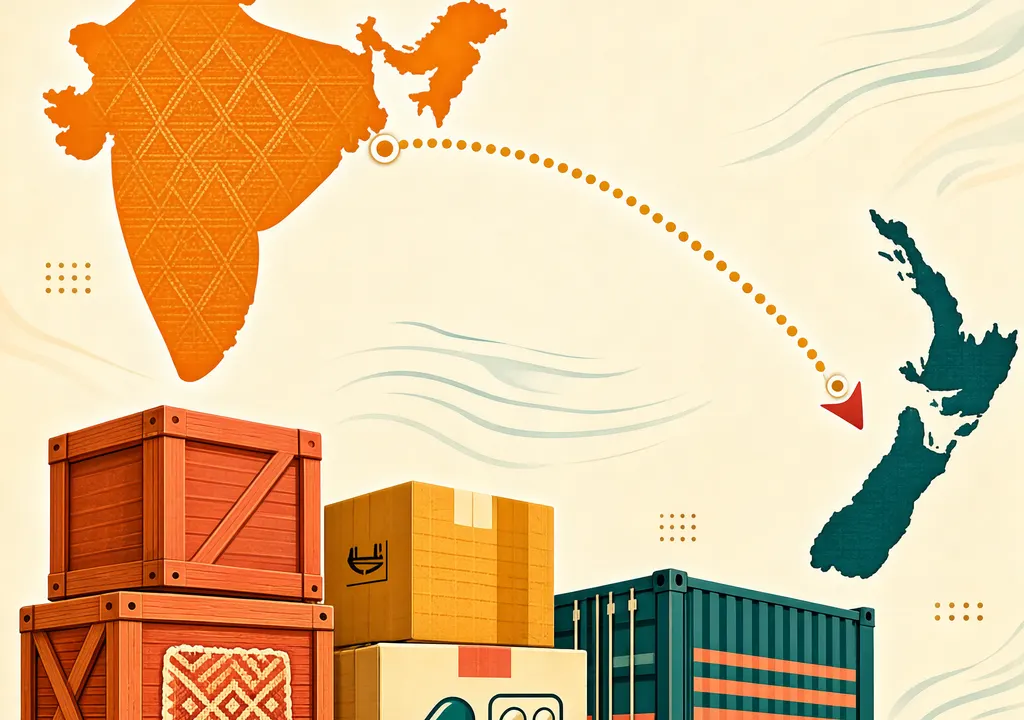 Stylized editorial illustration showing India and New Zealand connected by a dotted trade route with crates representing Indian exports; flat-vector style, no text.