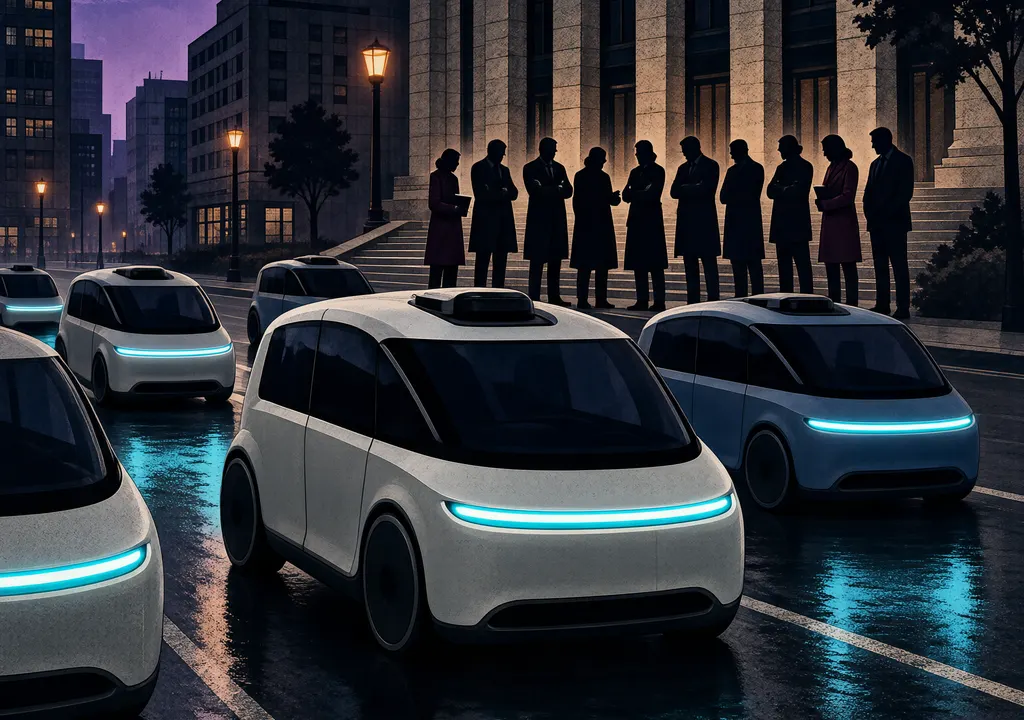 Stylised editorial illustration of compact robotaxis on a city street with silhouettes of concerned lawmakers in the background.