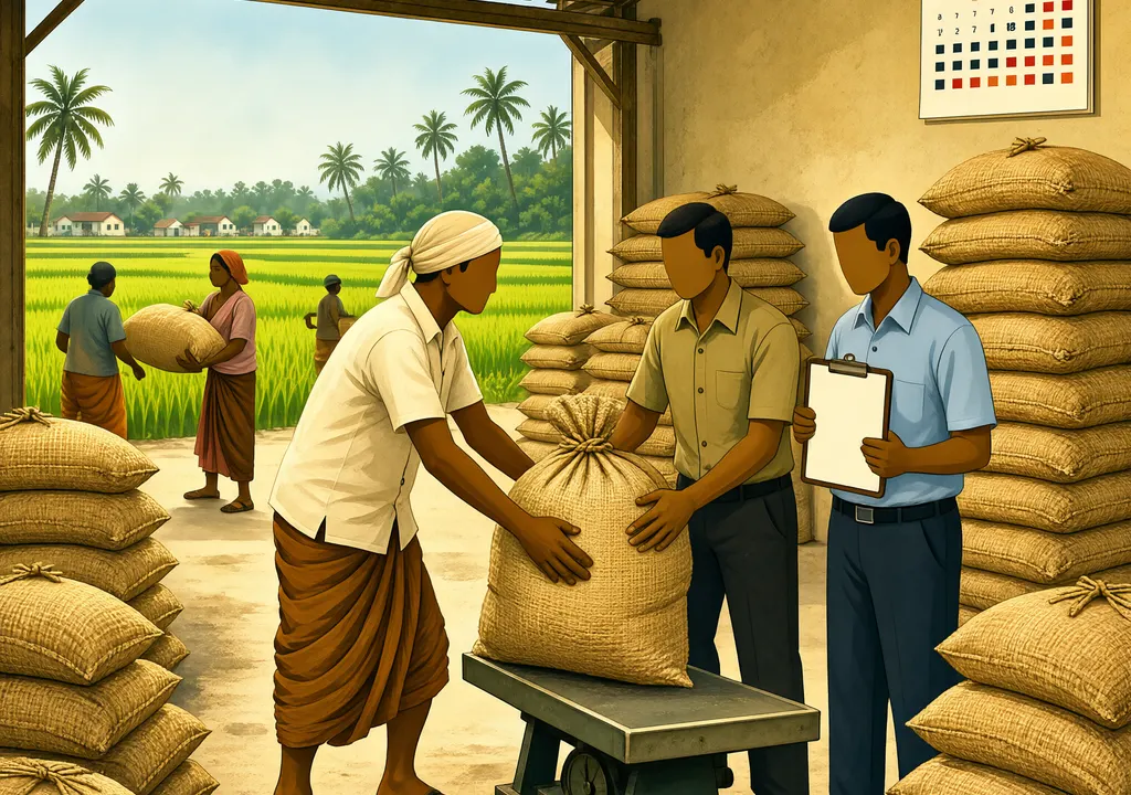 Tamil Nadu paddy procurement drive: Government officials receive sacks of rice from farmers in December 2026.