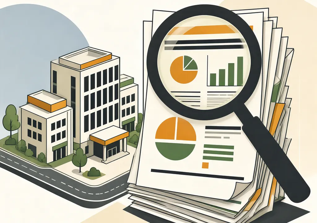 Editorial illustration: hospital campus and stack of Annual Disclosure Report documents under a magnifying-glass review.