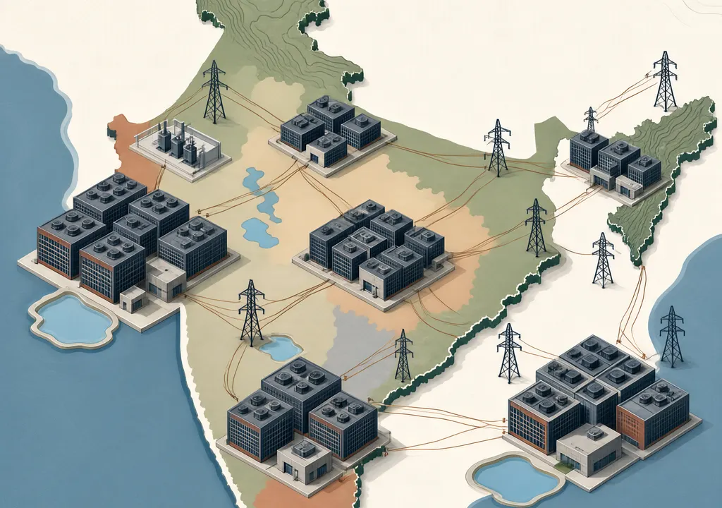 Illustration of data centres near water and power infrastructure, showing resource tension