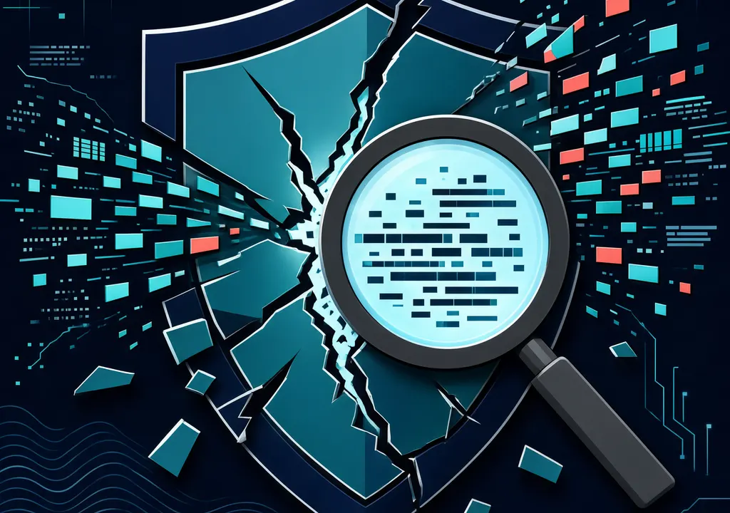 Illustration of a cracked digital shield with binary code fragments, symbolizing SBI's cybersecurity breach.