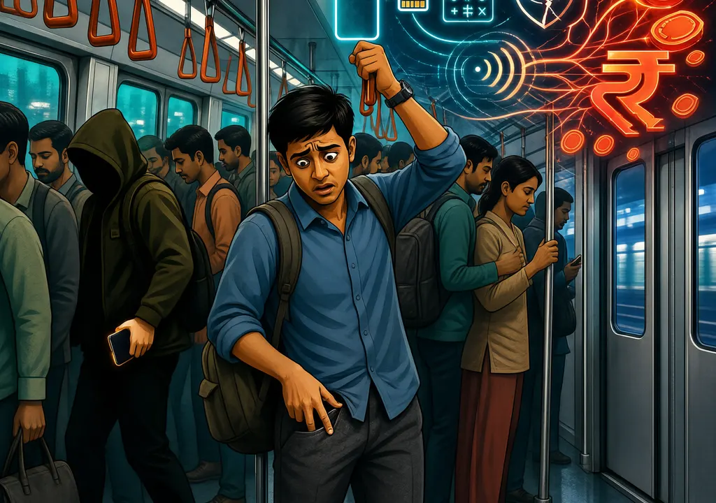 Illustration of a phone theft in a metro station with a ₹57,000 UPI fraud alert.