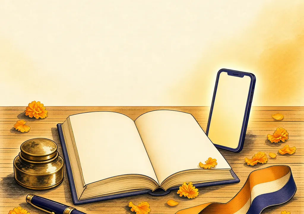 Editorial illustration of an open memoir beside a glowing smartphone on a desk, with marigold petals and an inkwell.