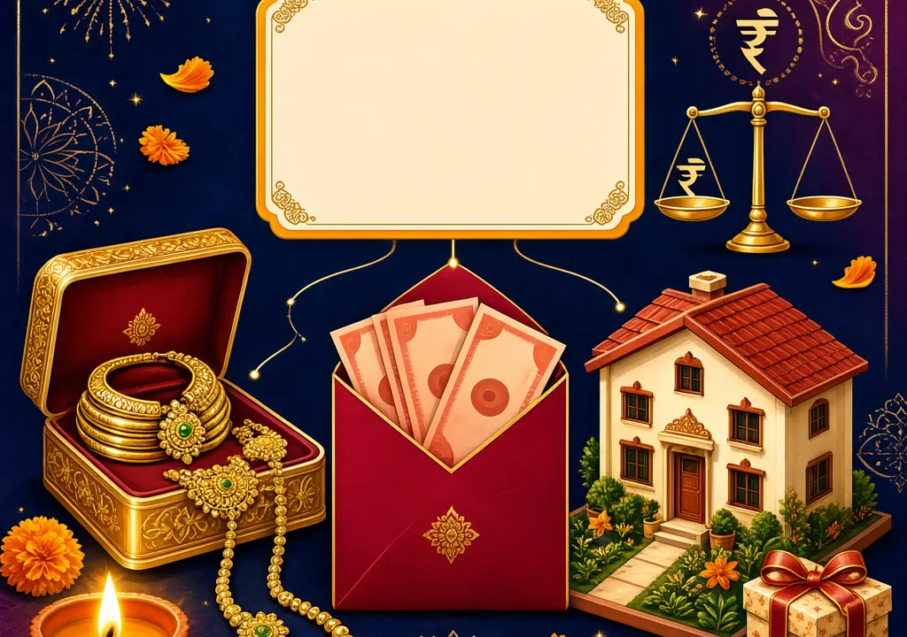 Diwali gift tax rules illustration: ₹50,000 threshold for cash, gold, and property