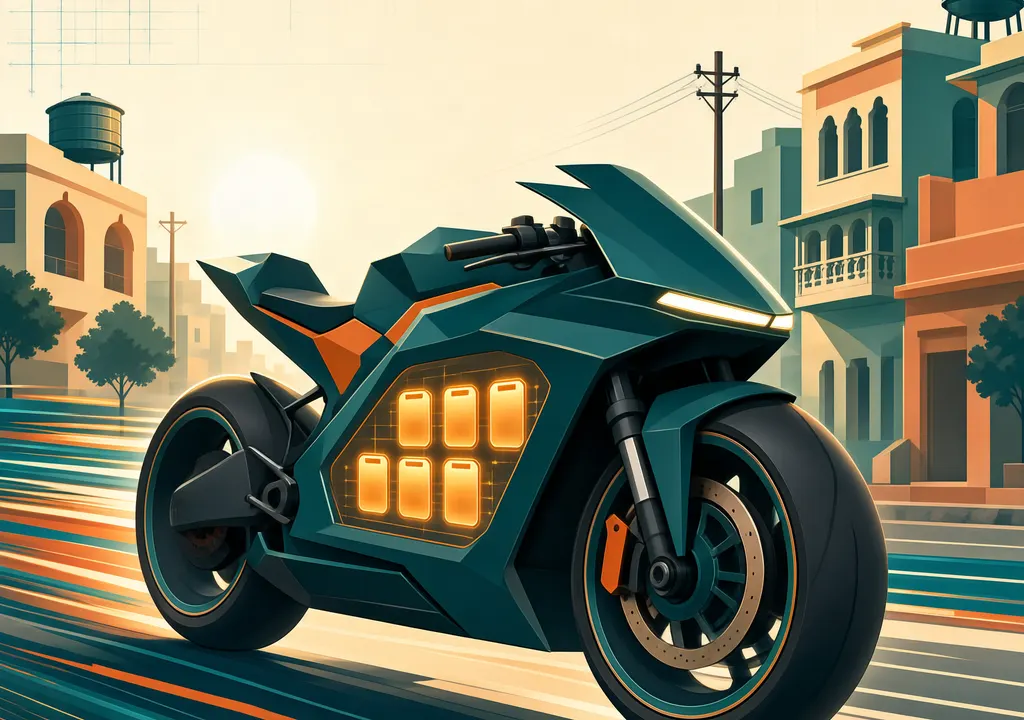 Illustration of a futuristic electric performance motorcycle on India's streets