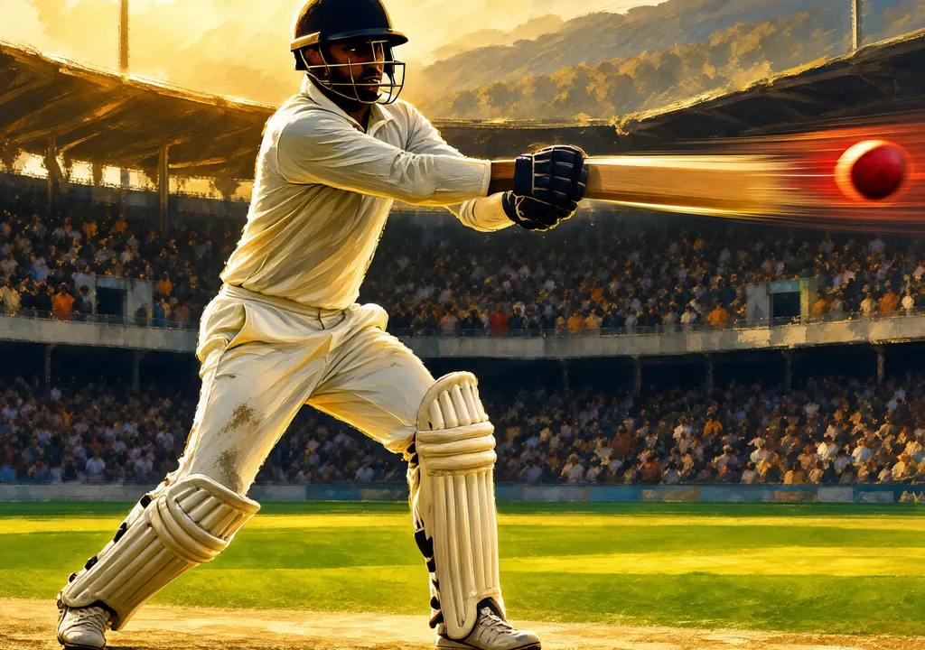 Painterly illustration of a batsman cutting the ball to the off side at Rawalpindi, editorial style, no text.