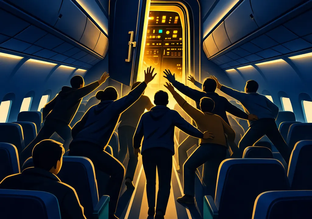 Cockpit door burst open, passengers rushing to aid pilot, heroic rescue moment in stylized illustration