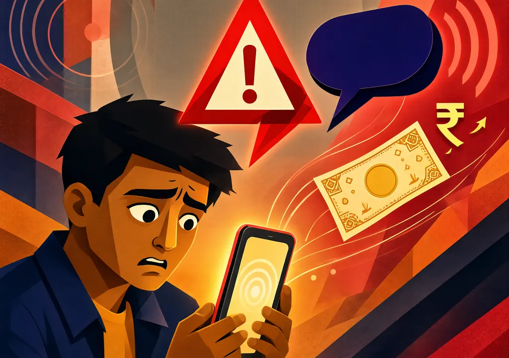 A stylized illustration of a person alarmed by a phone call, with a warning symbol and rupee notes indicating the cost of a digital-arrest scam.
