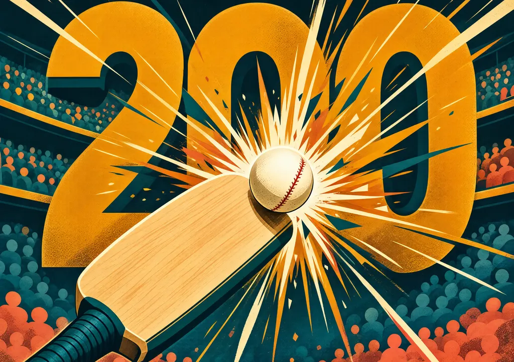 Stylized illustration of a cricket bat meeting a ball, radiating speed lines and a bold numeral two-hundred, with a crowd silhouette fading into the background.