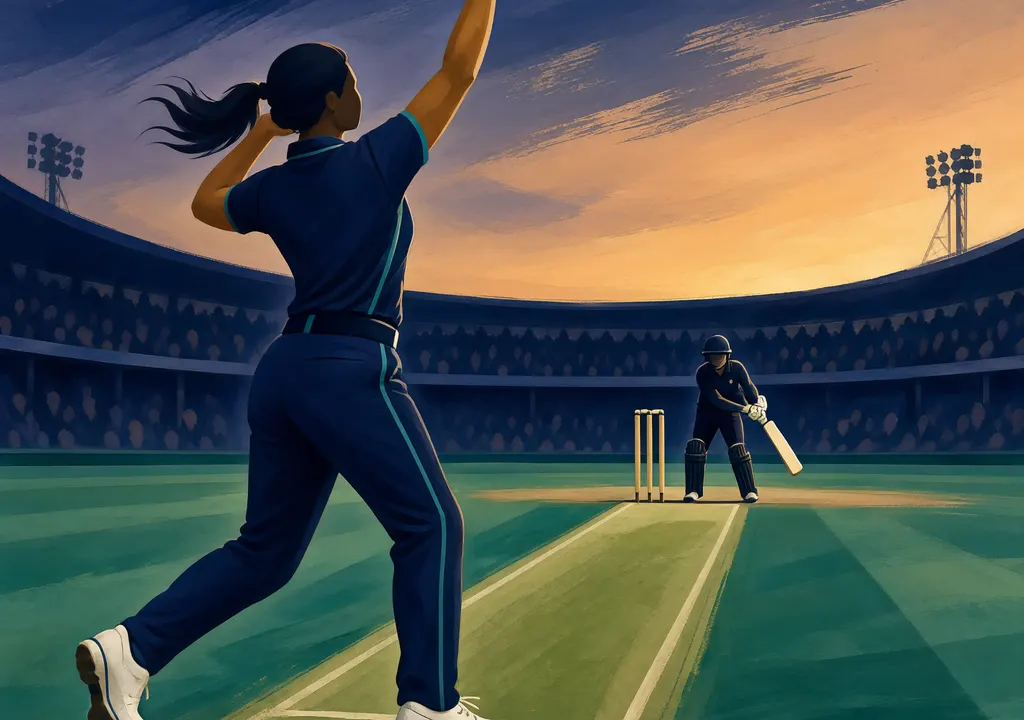Editorial illustration of a left-arm spinner bowling in a cricket stadium, non-photorealistic, no readable text, no logos