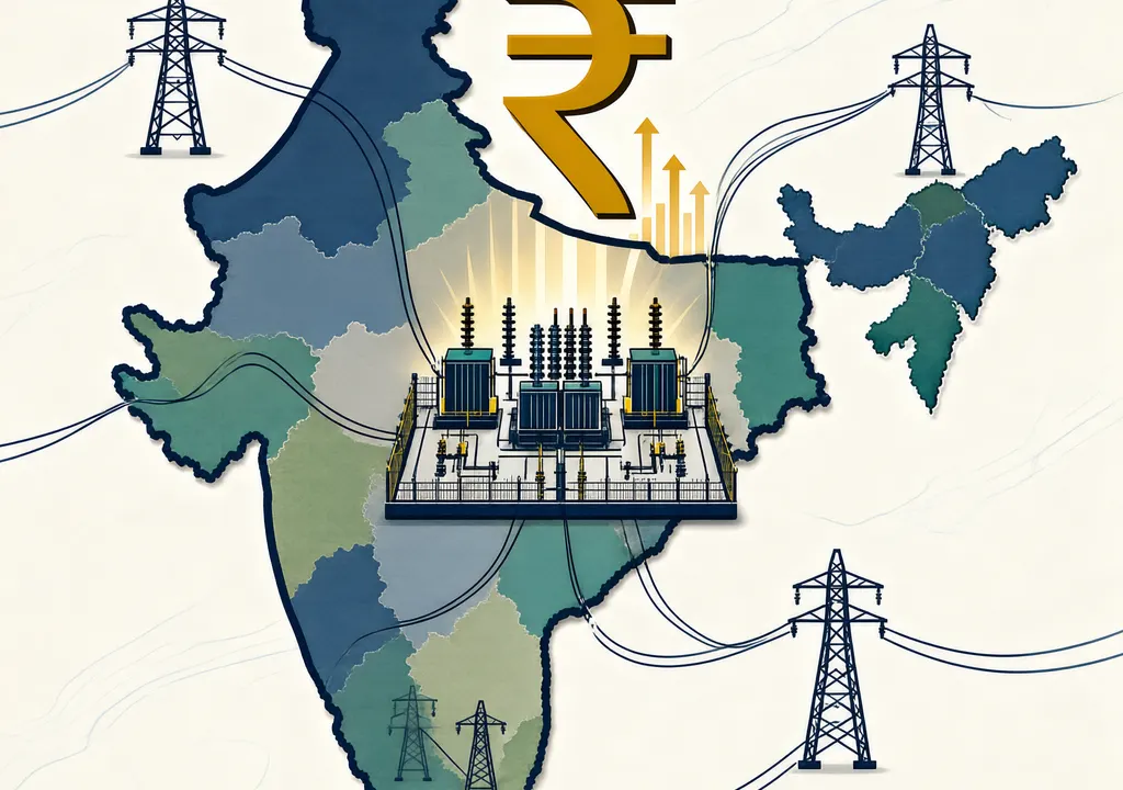 Illustration of India with transmission towers and lines converging on a substation, a rupee symbol above indicating a profit boost.