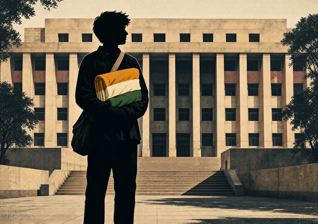 Stylised illustration of Delhi High Court with a silhouetted protester holding a flag; editorial, no faces or text.