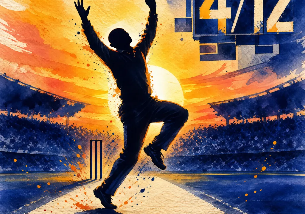 Stylized illustration of a seam bowler celebrating on a cricket field with abstract scoreboard showing 4/12.