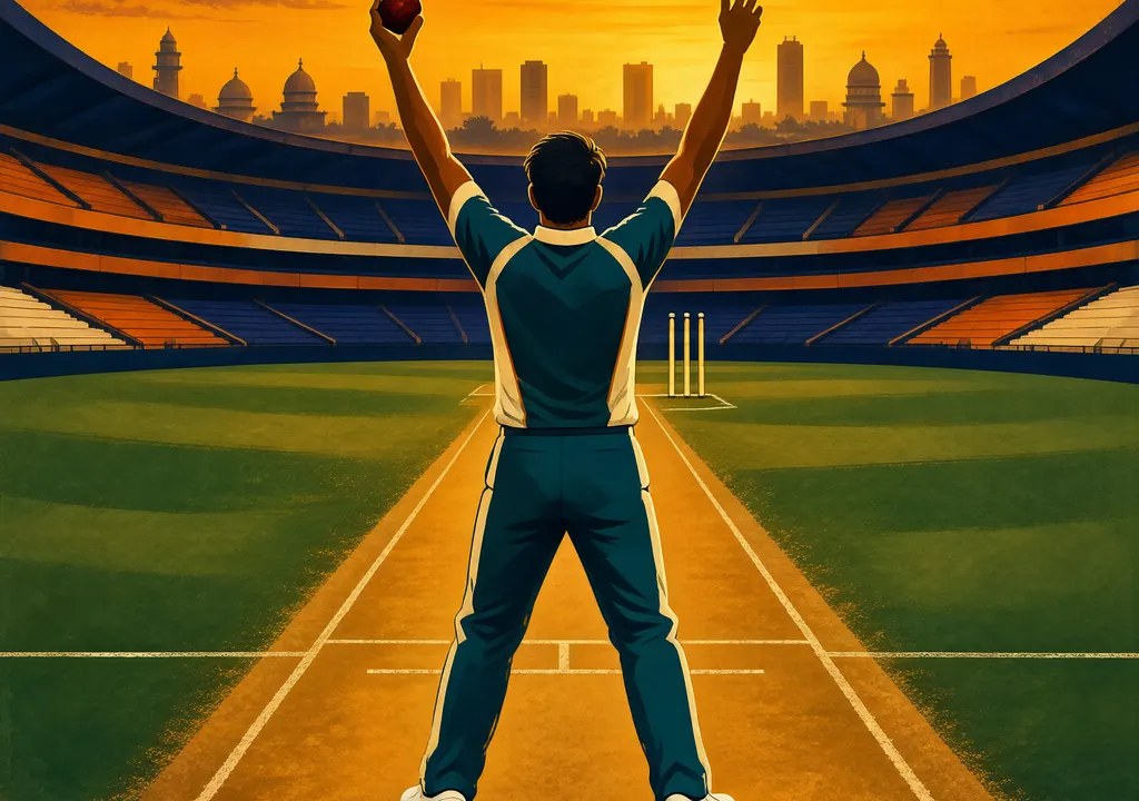 Stylised illustration of a cricket stadium at dusk with a spinner celebrating; Sharjah skyline in background. No text or logos.