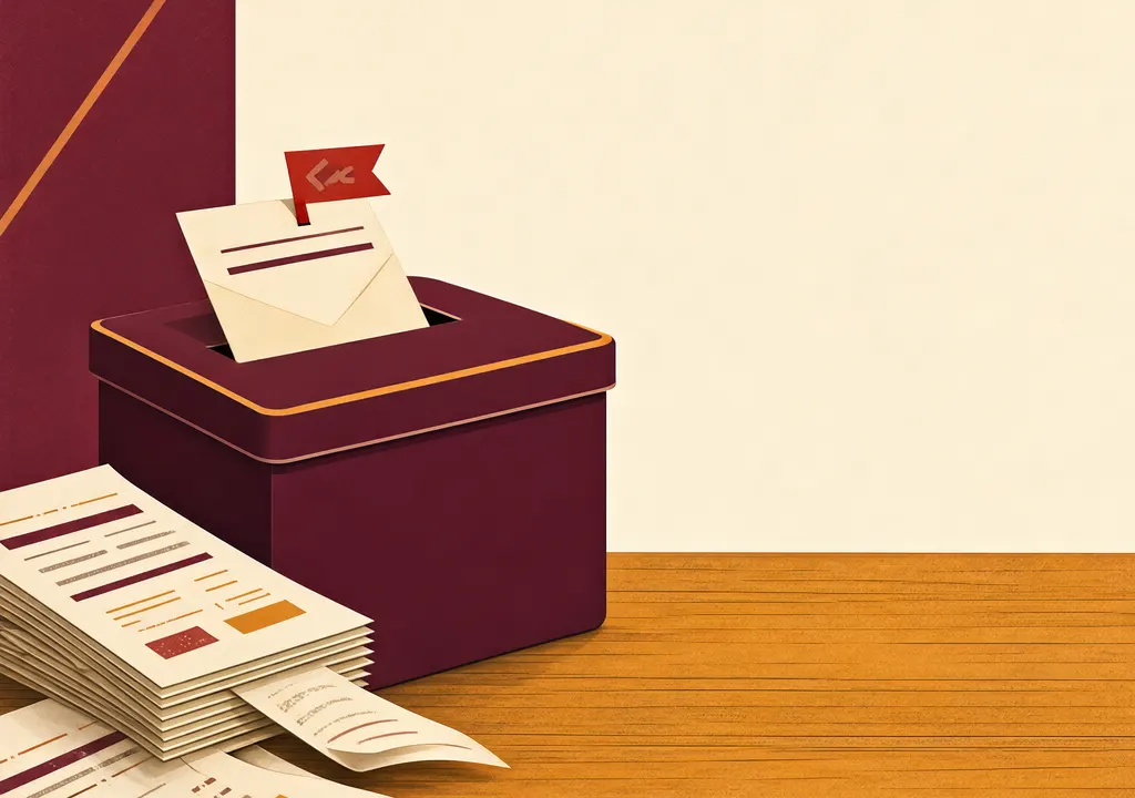 Editorial illustration of a ballot box beside stacked voter-deletion forms, symbolising the Karnataka SIR Form 7 dispute
