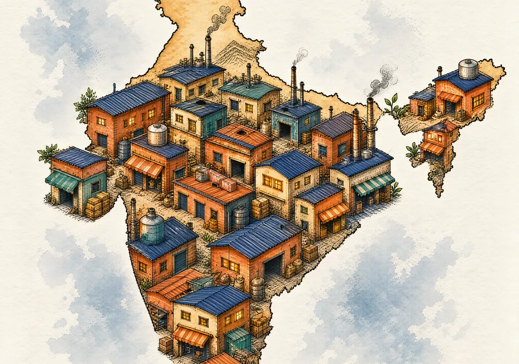 Illustration of small factories and shops across a stylised map of India, suggesting resilient MSMEs coping with cost pressures.